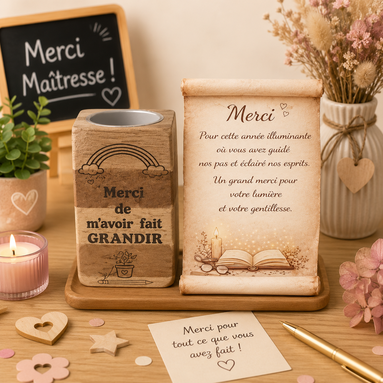 Bougie gravée +Parchemin en bois