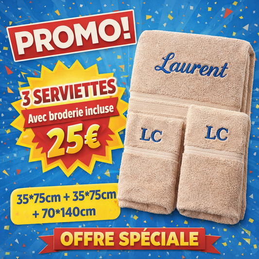 Lot de 3 serviettes brodées personnalisées – Prénom et  initiales