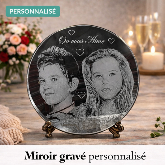 Miroir gravé personnalisé photo et texte rond 30 cm
