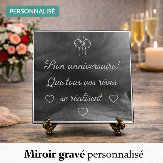 Miroir gravé personnalisé photo et texte rond 30 cm