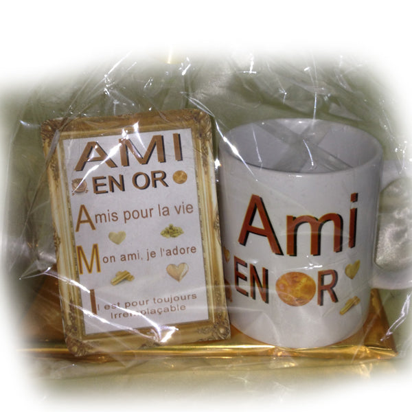 ensemble ami en or , mug + cadre 